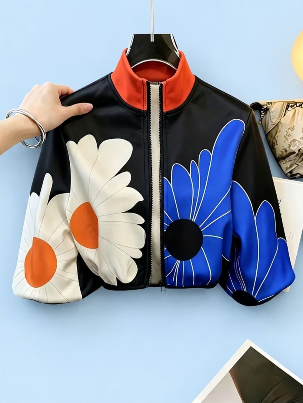 Floral Colorblock Cropped Jacket - Black, Blue & Cream - Picture 2 of 7